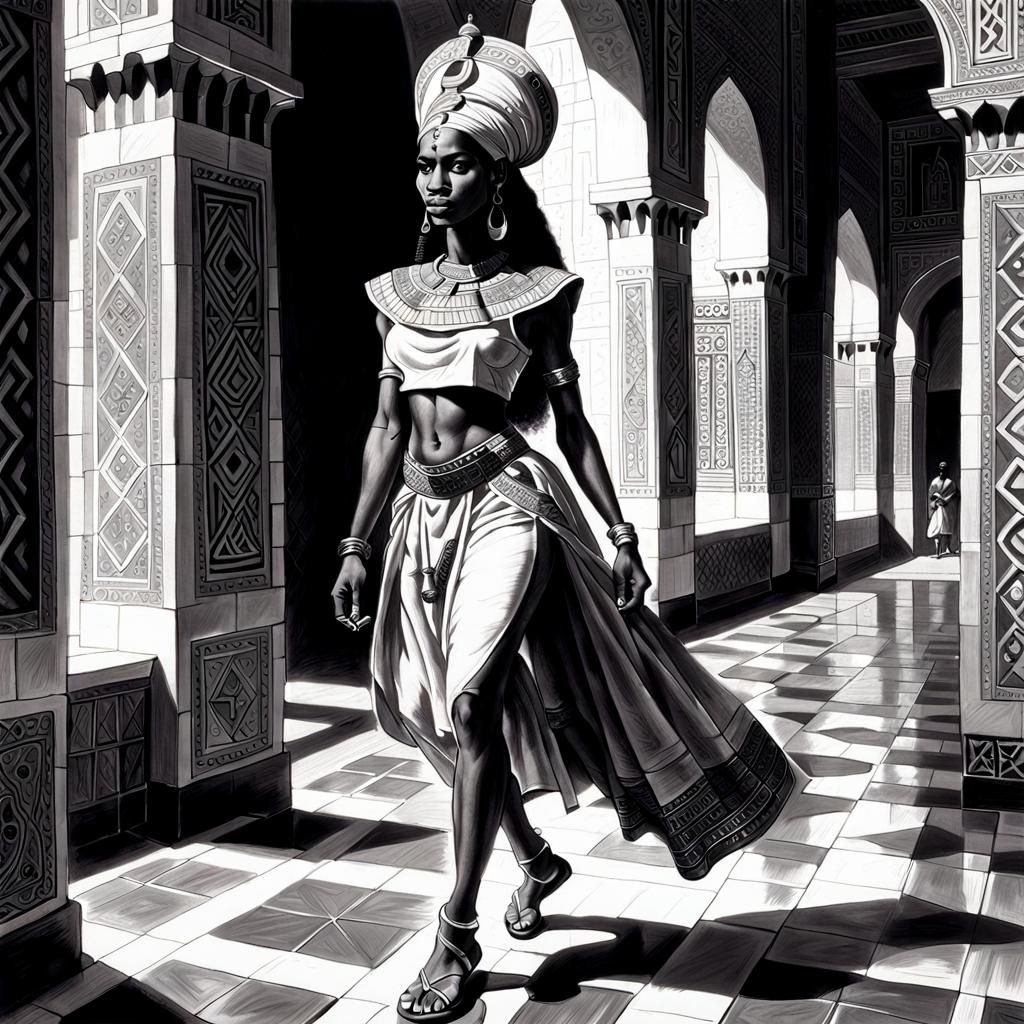 Nubian Princess in Palace: Charcoal Drawing