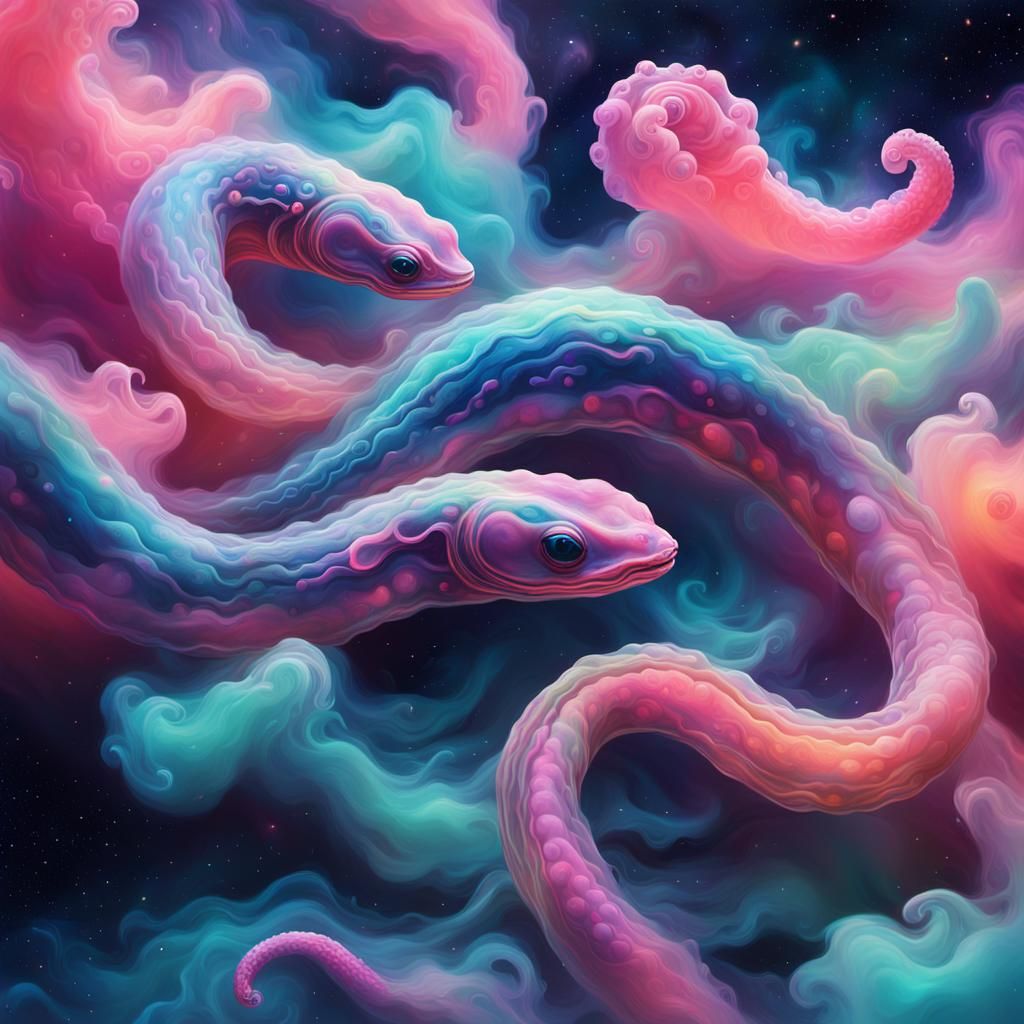 Fluorescent Alien Eels in Nebula Space: Cosmic Surrealism