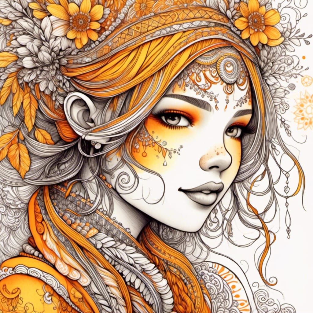 Laughing Girl in Zentangle Style Line Art