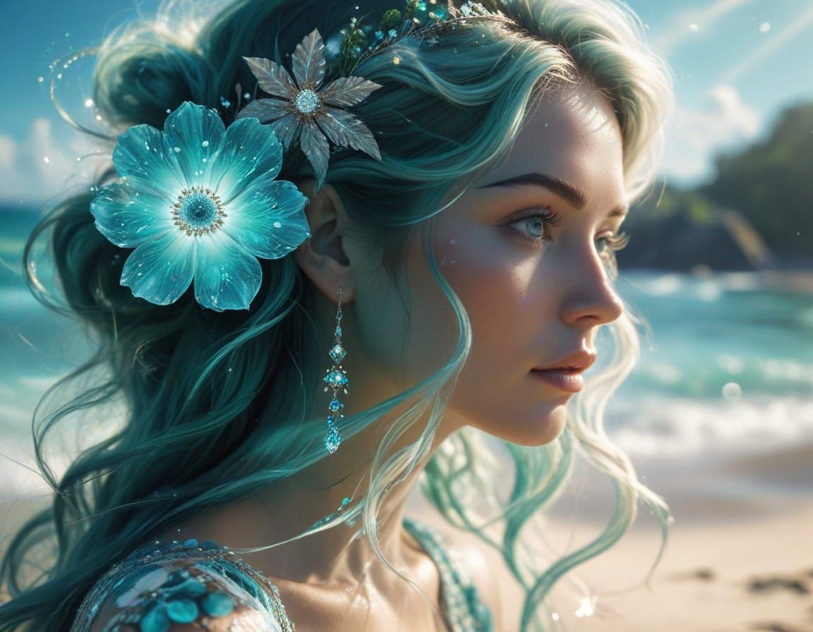 Boho Woman with Blue Eyes on Beach Portal