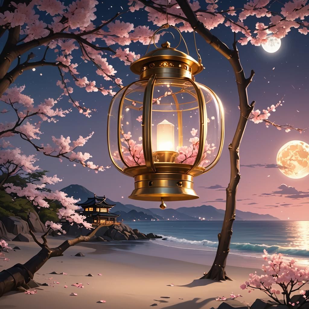 Glowing Lantern with Cherry Blossoms on Beach