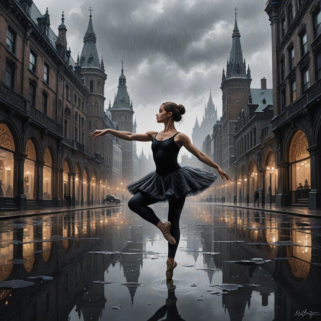 Monochromatic Ballerina in Gothic Urban Dreamscape