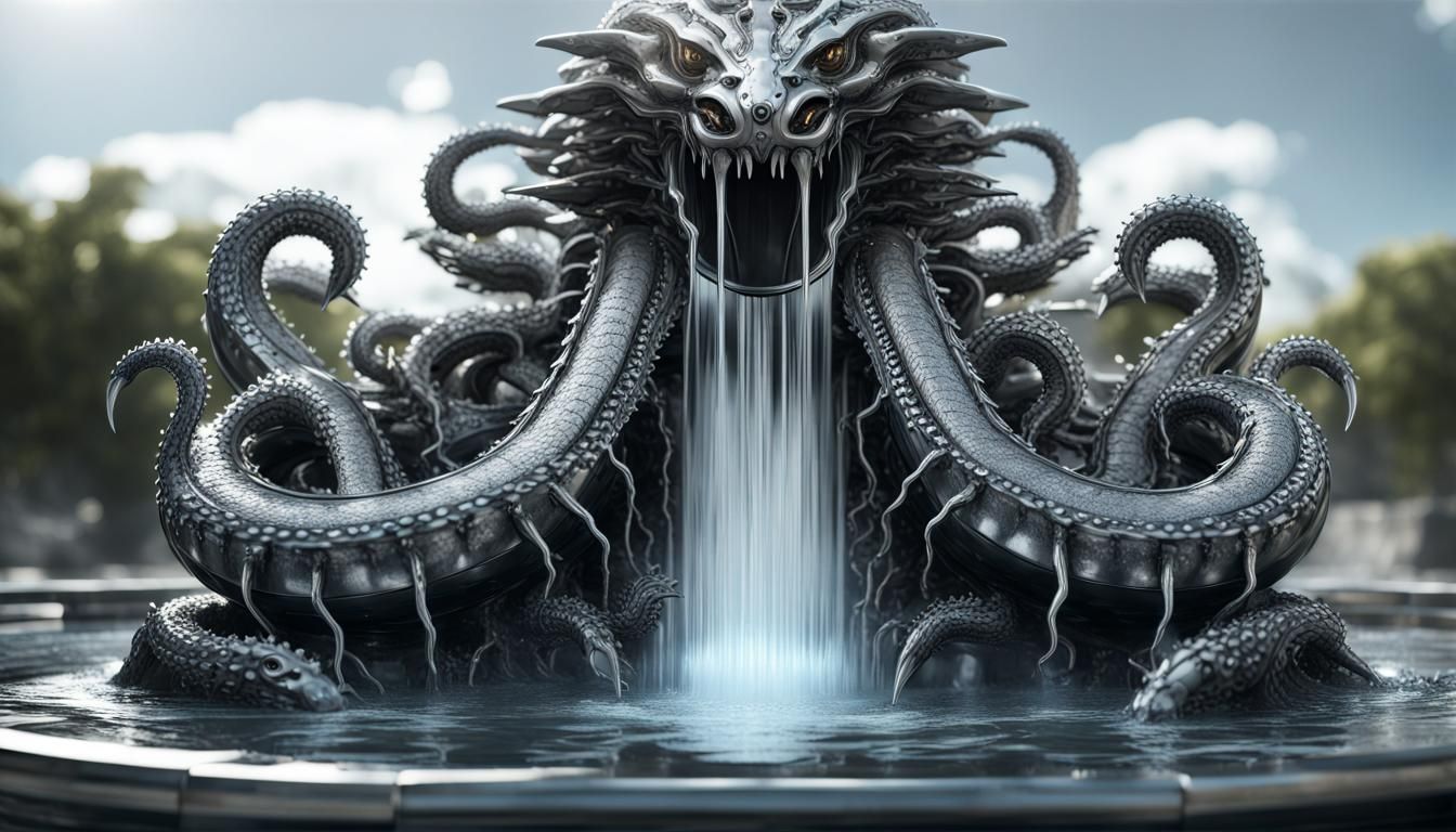 Obsidian Hydra Fountain with Silver Water