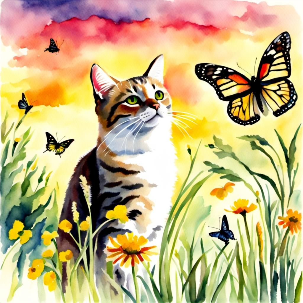 Tabby Cat in Butterfly Meadow, Watercolor Style
