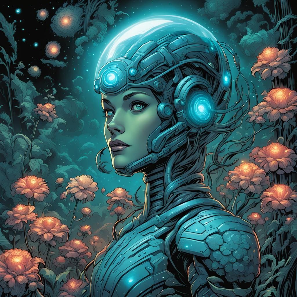 Bioluminescent Android with Flora, Comic Book Art