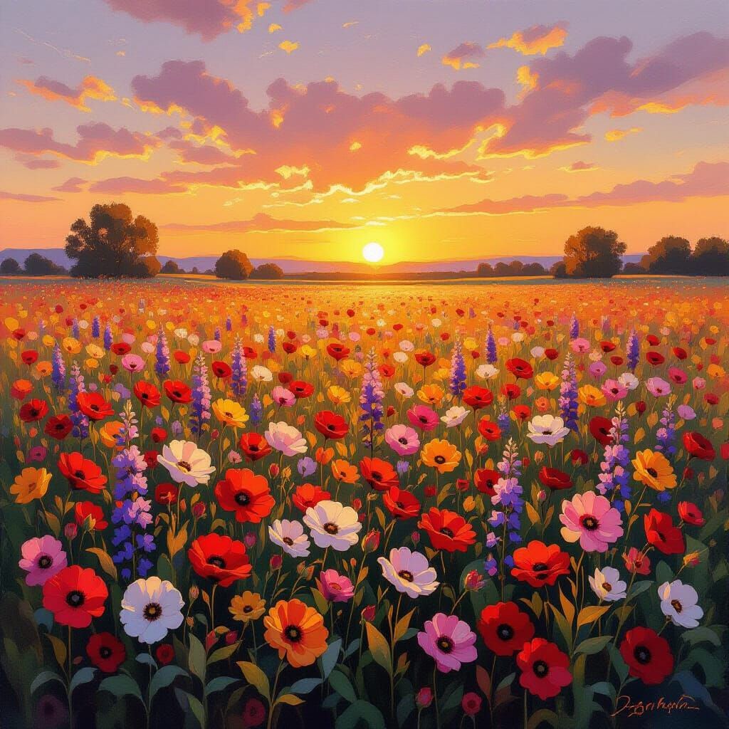 Vibrant Flower Field at Sunset