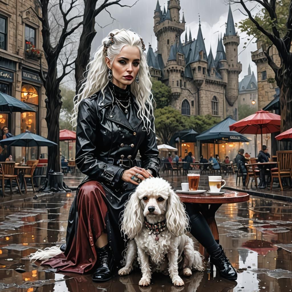 Punk Gothic Woman in Rainy Cafe, Gouache and Ink