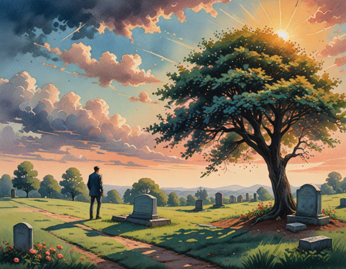 A Man Bows His Head Beside a Grave in a Pastel Watercolor La...