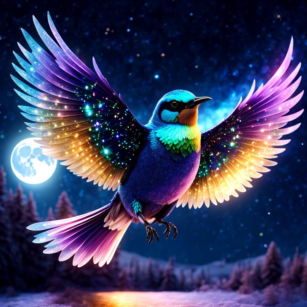 Luminescent Glitter Bird Under Aurora Borealis