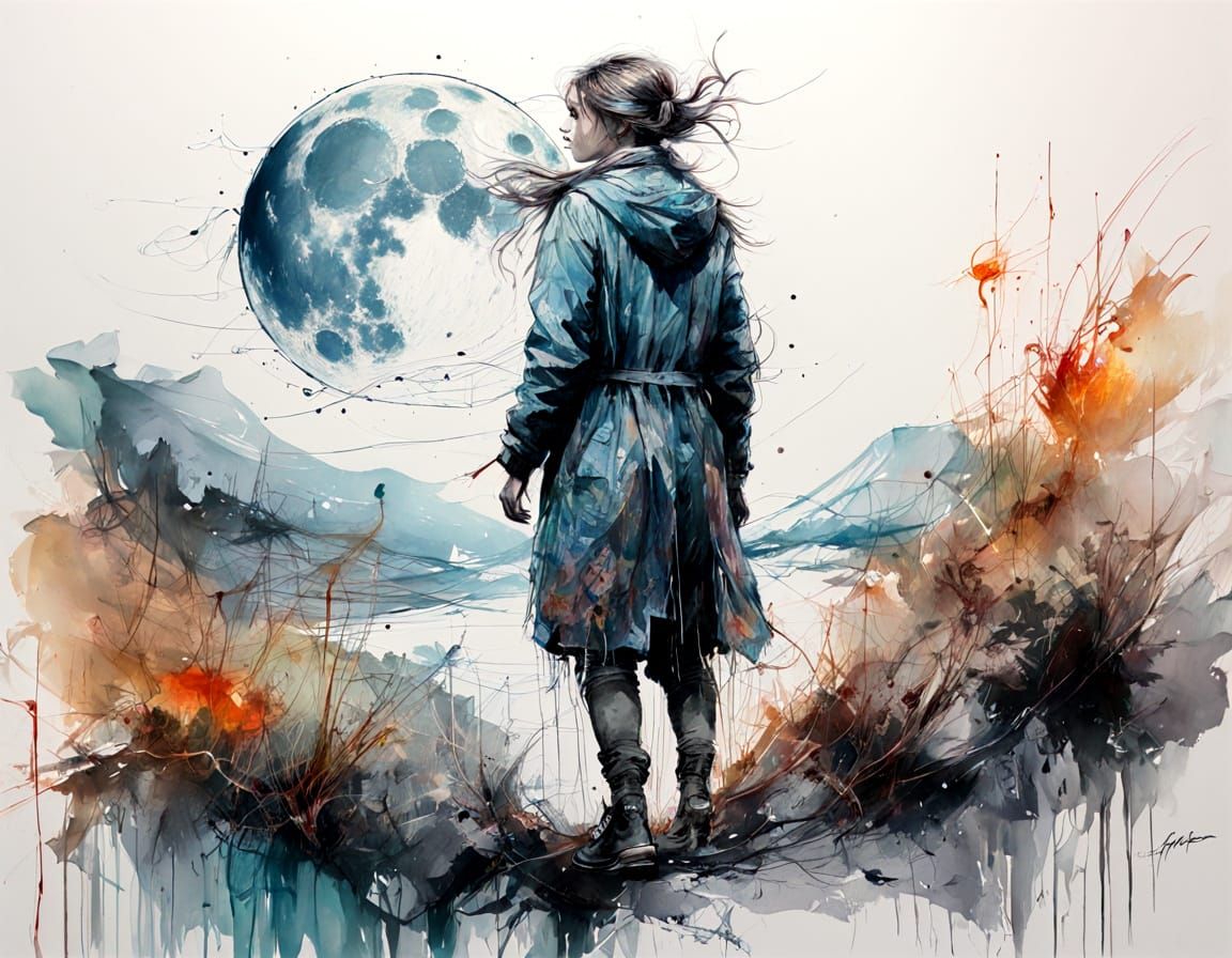 Lone Figure Silhouetted by Moon in Watercolor Splash Art