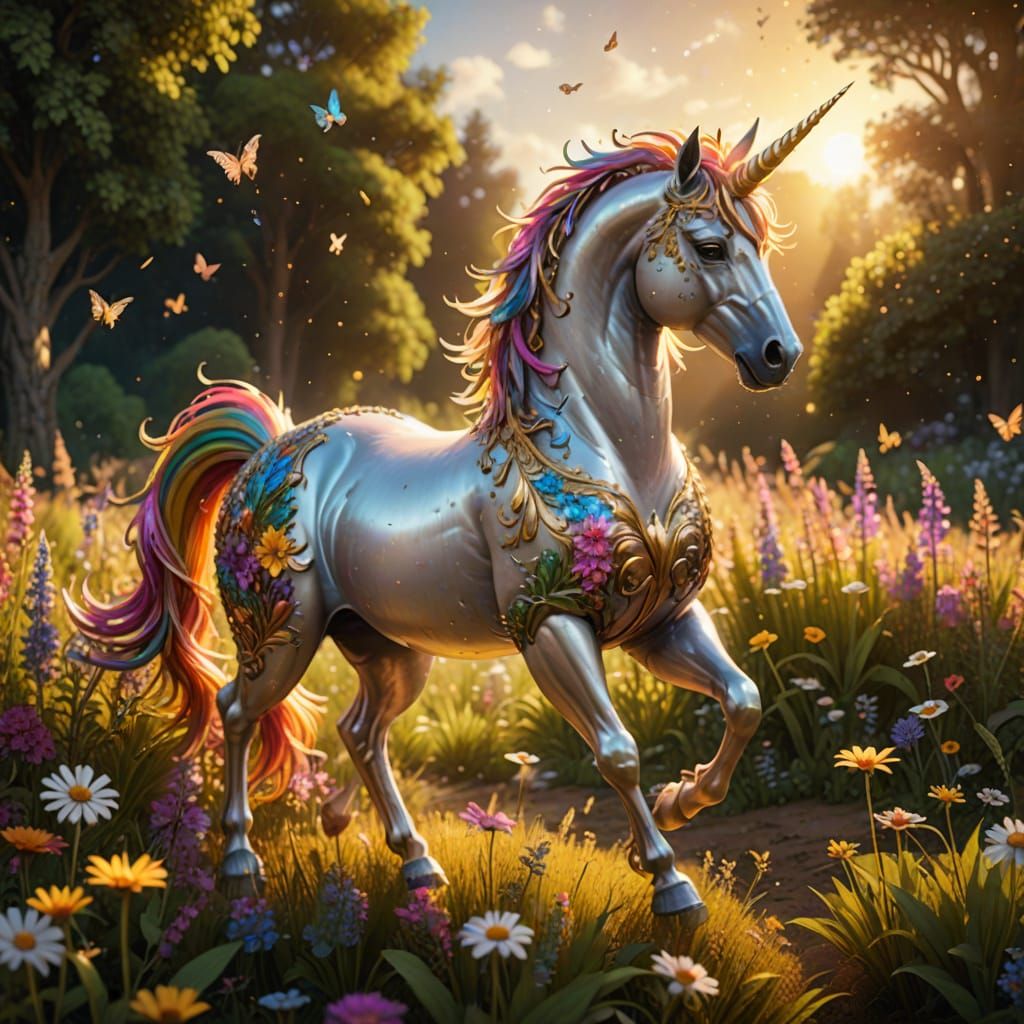 Mythical Unicorn Prances Through Vibrant Wildflowers in Gold...