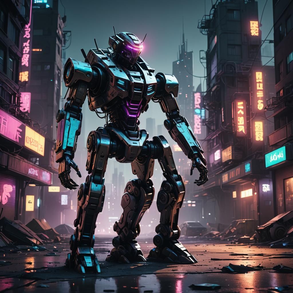 Cyberpunk Mech in Dystopian Cityscape: 3D Rendering