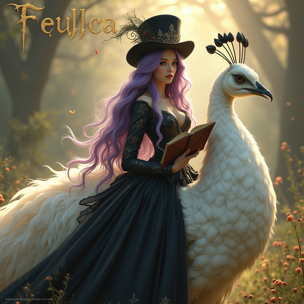 Elegant Woman Riding Peacock in Mystical Scene