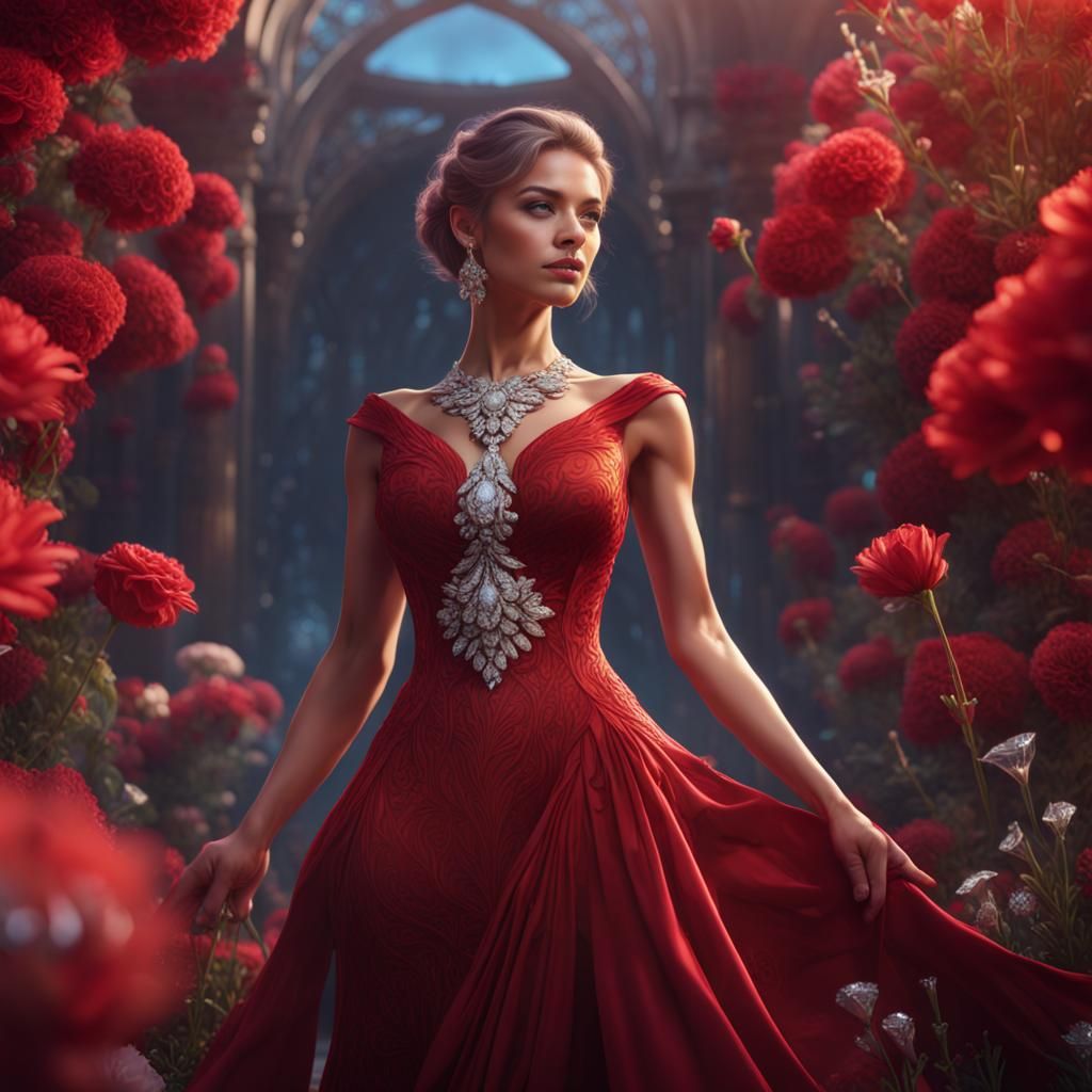 Confident Woman in Crimson Dress with Flowers