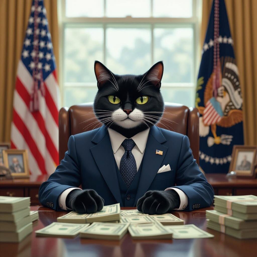 Anthropomorphic Cat President Counting Money in Oval Office