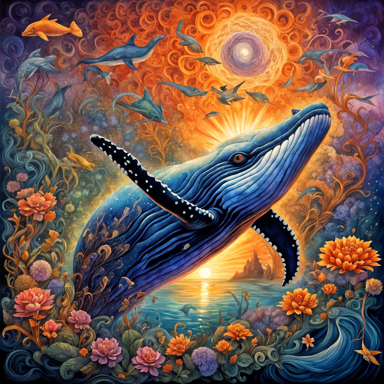 Whimsical Humpback Whale in Vibrant Oil Painting