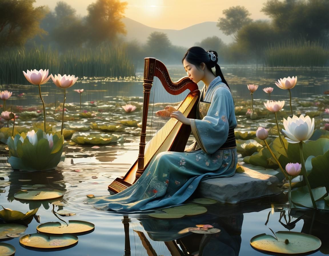 Chinese Woman Harpist in Water Lilies: Embossed Art