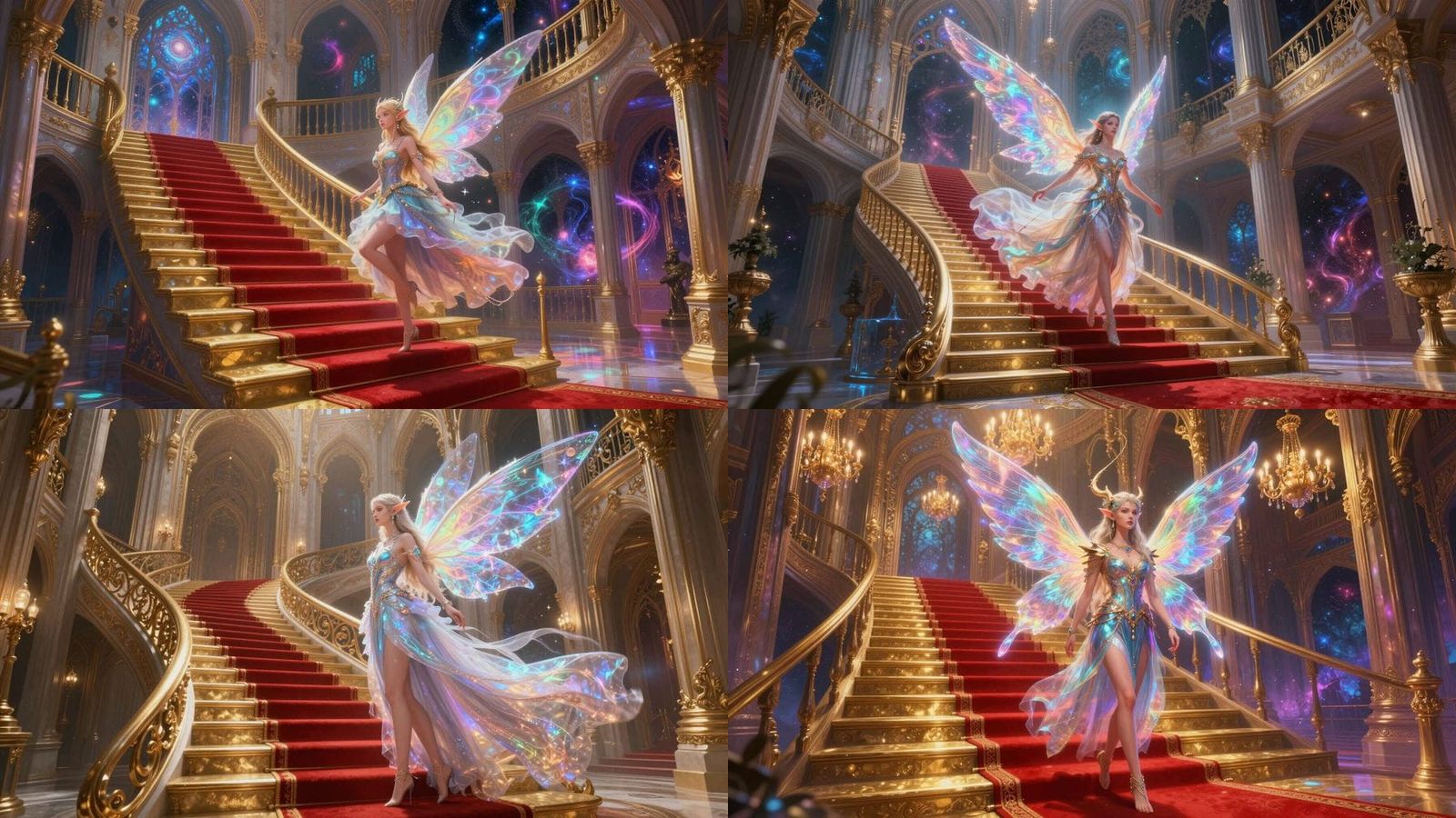 Beautiful Elf on Golden Stairs in Fantasy Castle
