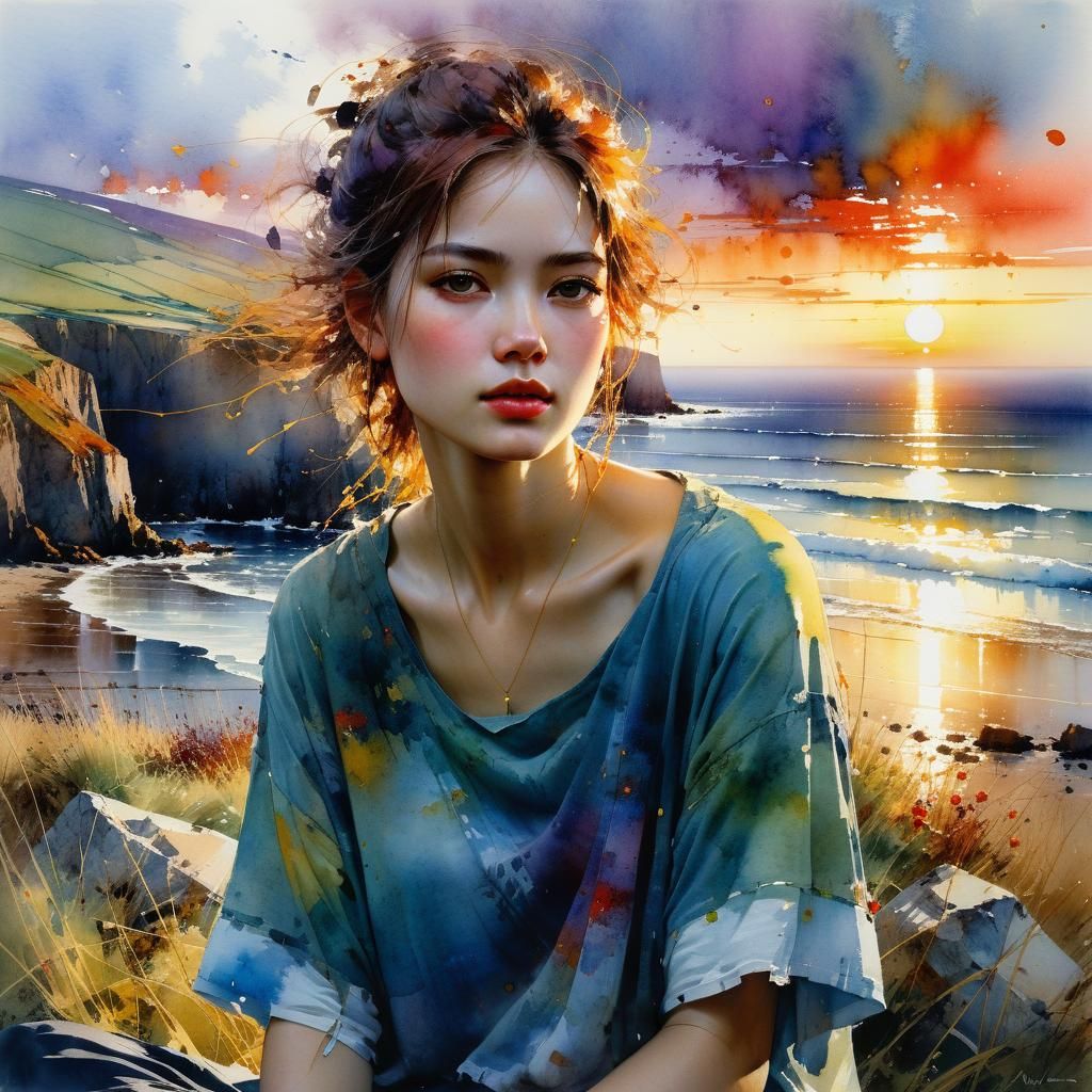 Watercolor Woman at Seaside Campsite Sunset