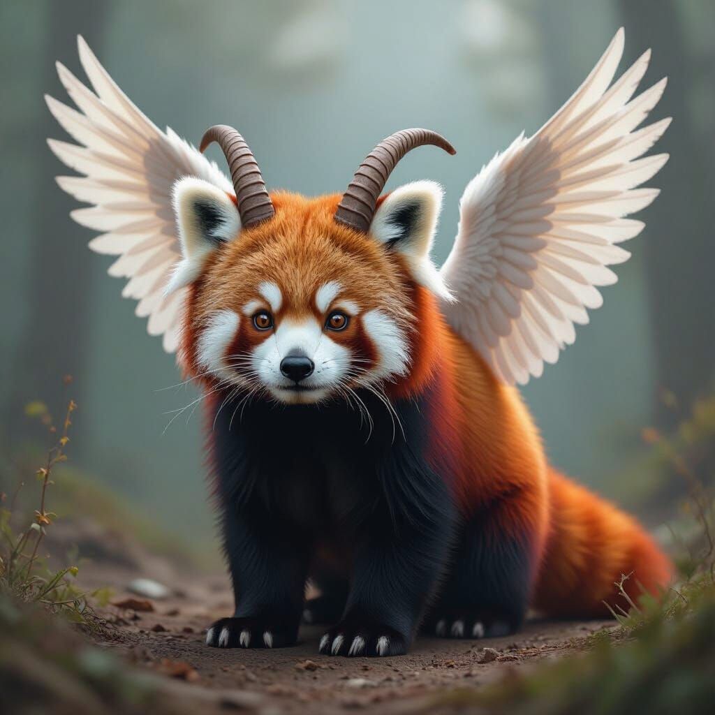 Hyper-Realistic Red Panda with Goat Horns and Wings