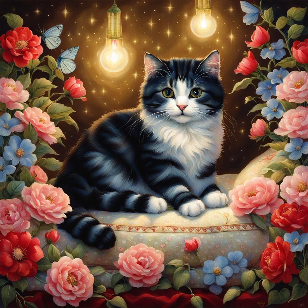Cute Cat Surrounded by Flowers in Fantasy Art Style