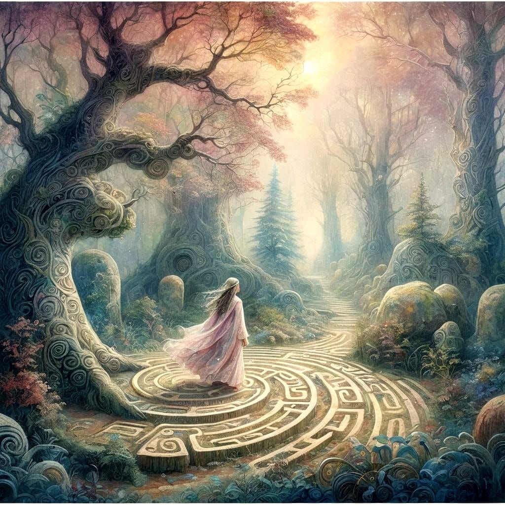 Enchanted Forest Labyrinth in Soft Pastel Hues