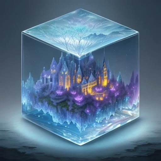 Crystal Town in Glass Cube: Oil Painting Style