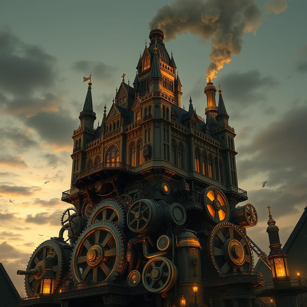 Steampunk Castle on Giant Engine Under Twilight Sky
