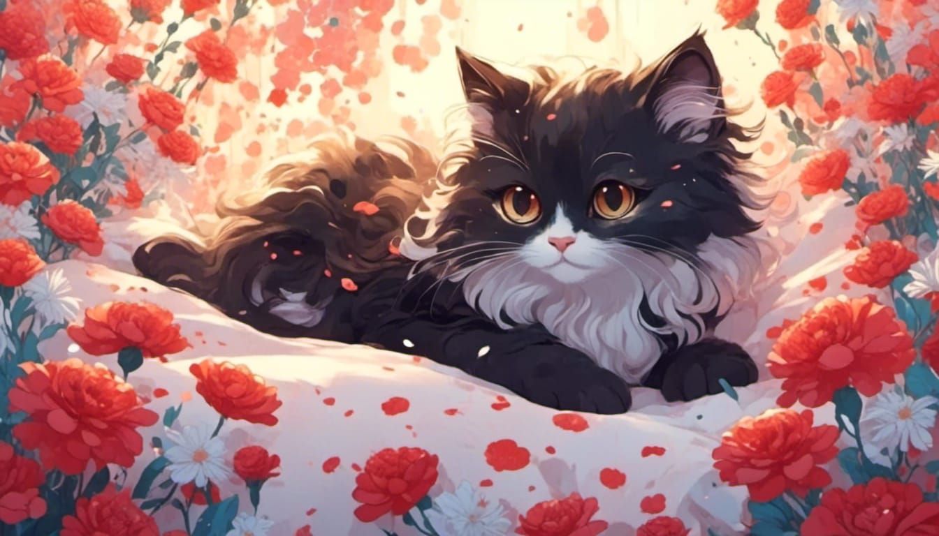 <lora:eye:1.0> adorable chibi cat on a bed with flowers