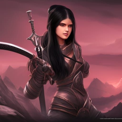 Elegant Fantasy Warrior Wields Tech Sword in Dreamlike Scene