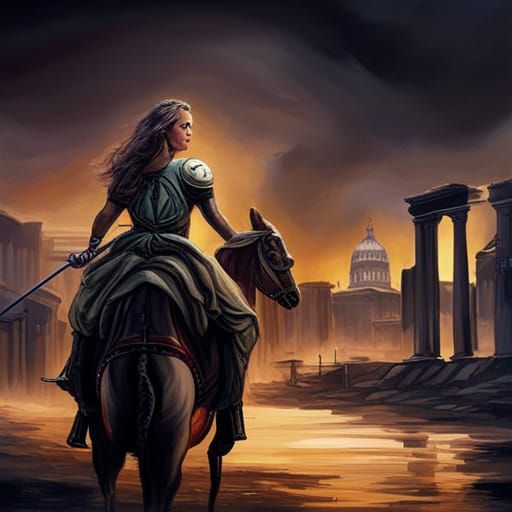 A Roman warrior Queen riding into battle with the Roman forum in the background sinister by Greg Rutkowski