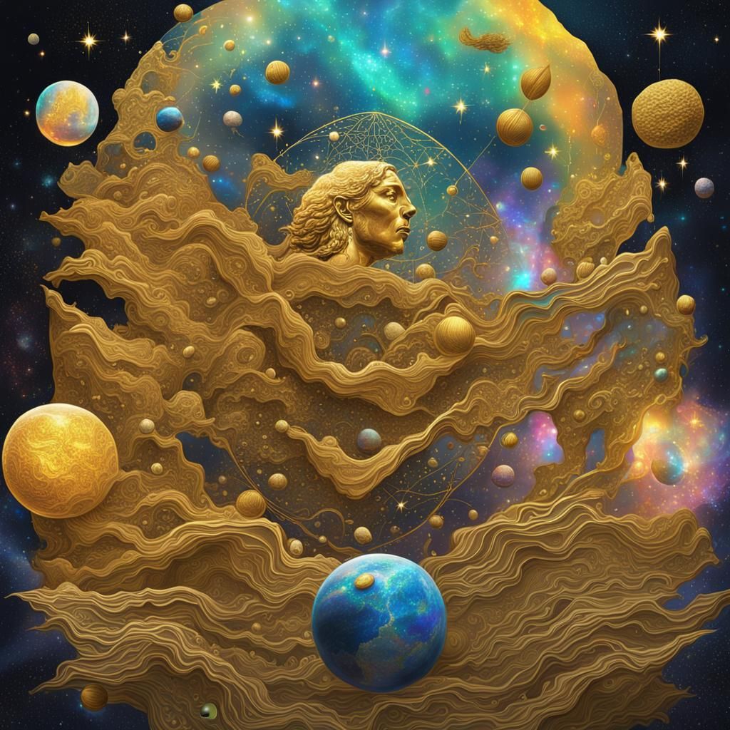 Holographic Astral Gold Illustration in Pablo Amaringo Style