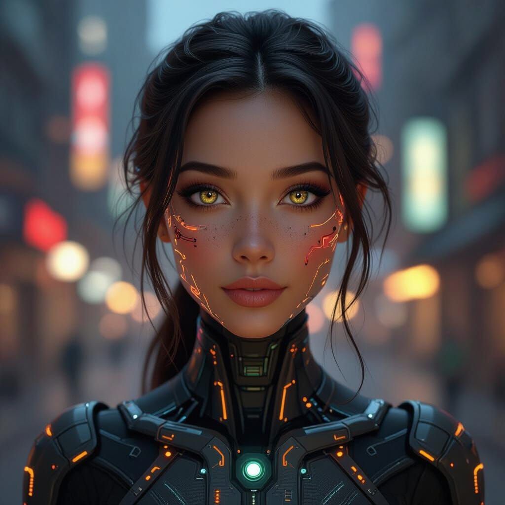 Nyra AI-Human Hybrid with Glowing Circuitry Skin
