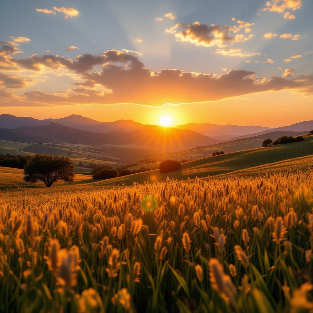 Golden Hour Landscape in Hyperrealistic Style