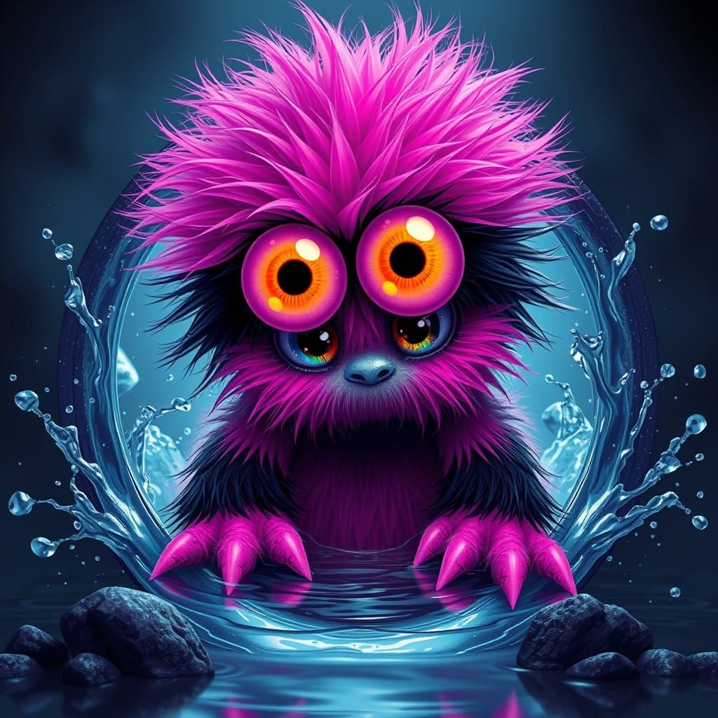 Vibrant Pink Monster Gazes Through Shimmering Water Portal