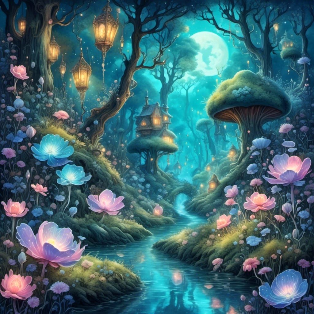 Dreamy Bioluminescent Forest in Watercolor Style