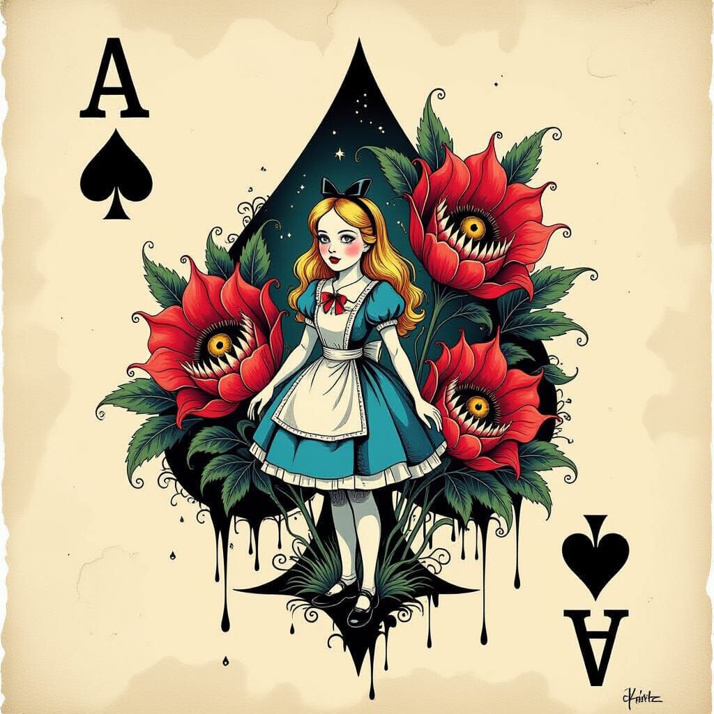 Alice in Wonderland Card in Ink Painting Style