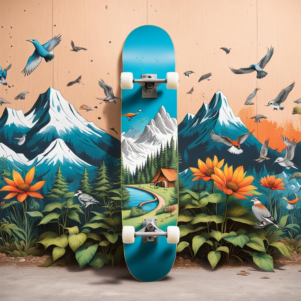 Nature-Themed Skateboard with Wildlife Illustrations