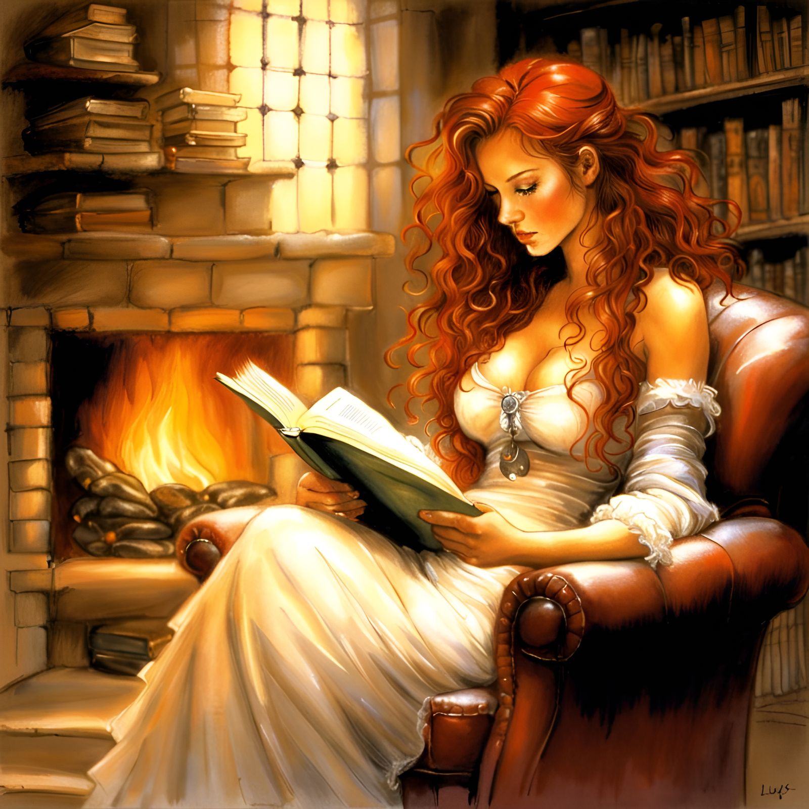 Woman Reading by Fireplace in Luis Royo Style