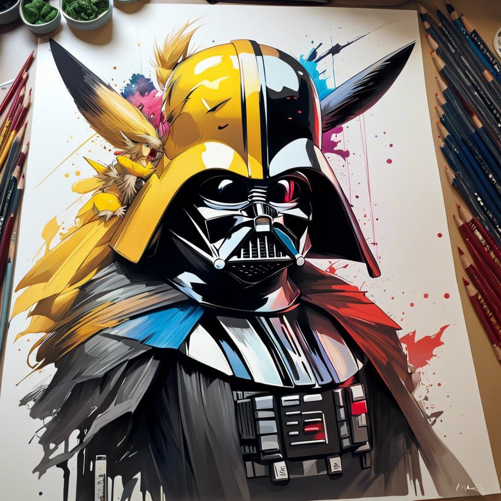 Pikachu Darth Vader Anime Sketch in Vivid Colors