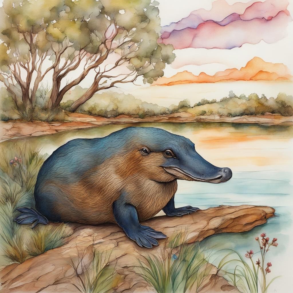 Platypus Portrait in Dreamy Australian Landscape
