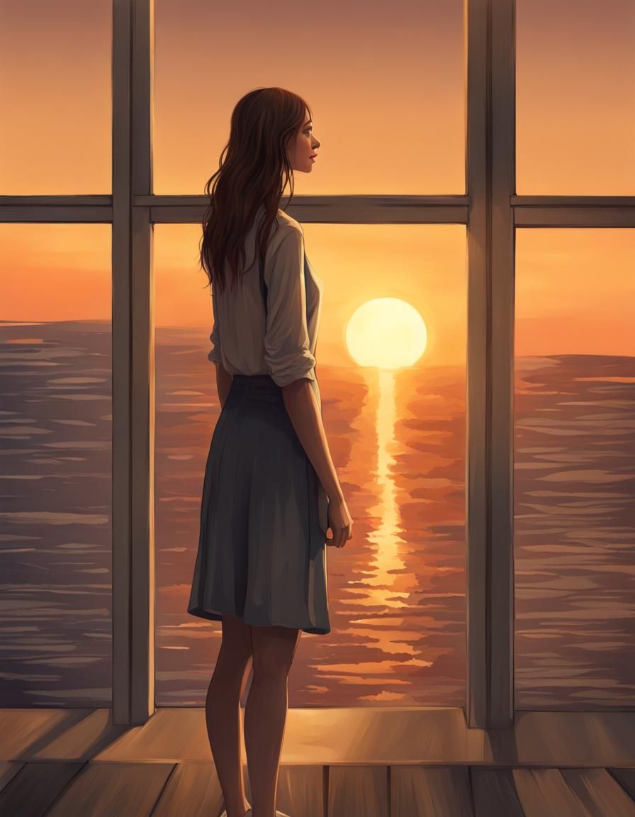 Girl Gazing at Setting Sun in Realistic Style