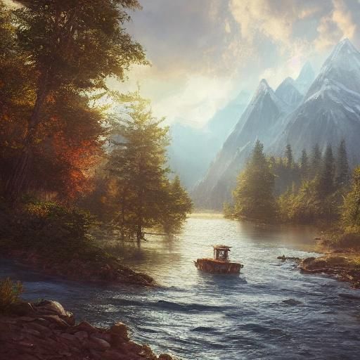 Alpine Landscape with Hut and Church in Golden Light