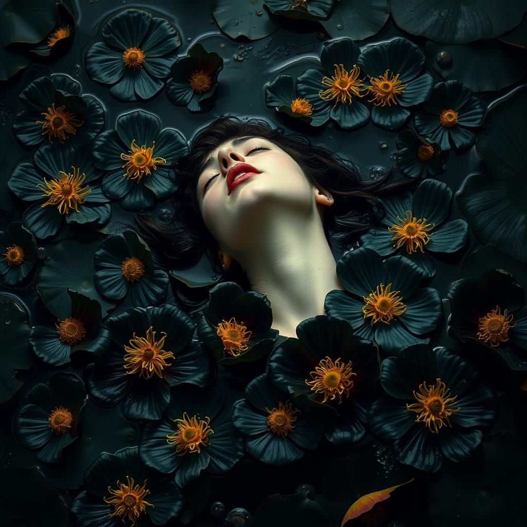 Ophelia's Death in Black Water: A Klimt-inspired Portrait