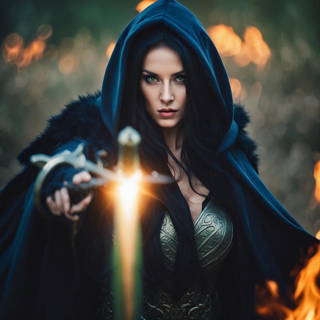 Dragon Rising Behind Woman with Sword