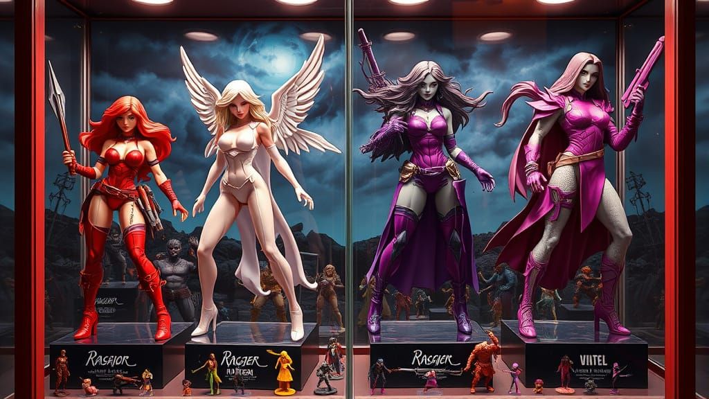 Retro-Futuristic Comic Book Action Figures in Display Case