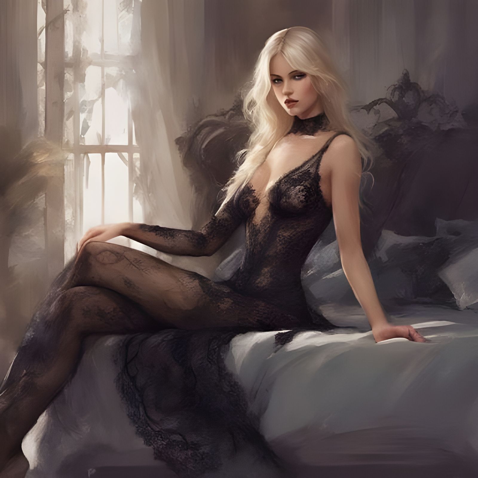 Beautiful Blonde in Black Lingerie