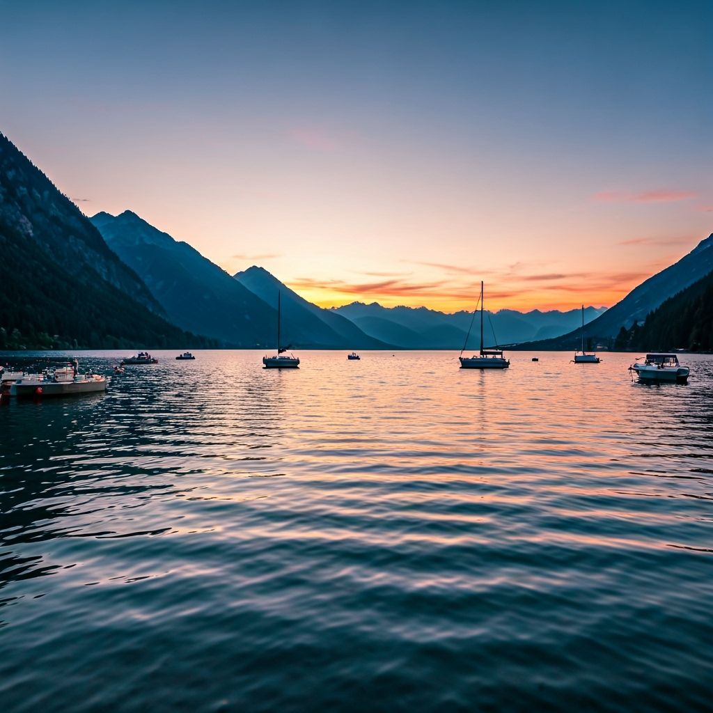 Crystal Lake Sunset: Pink Glow on Mountains and Boats