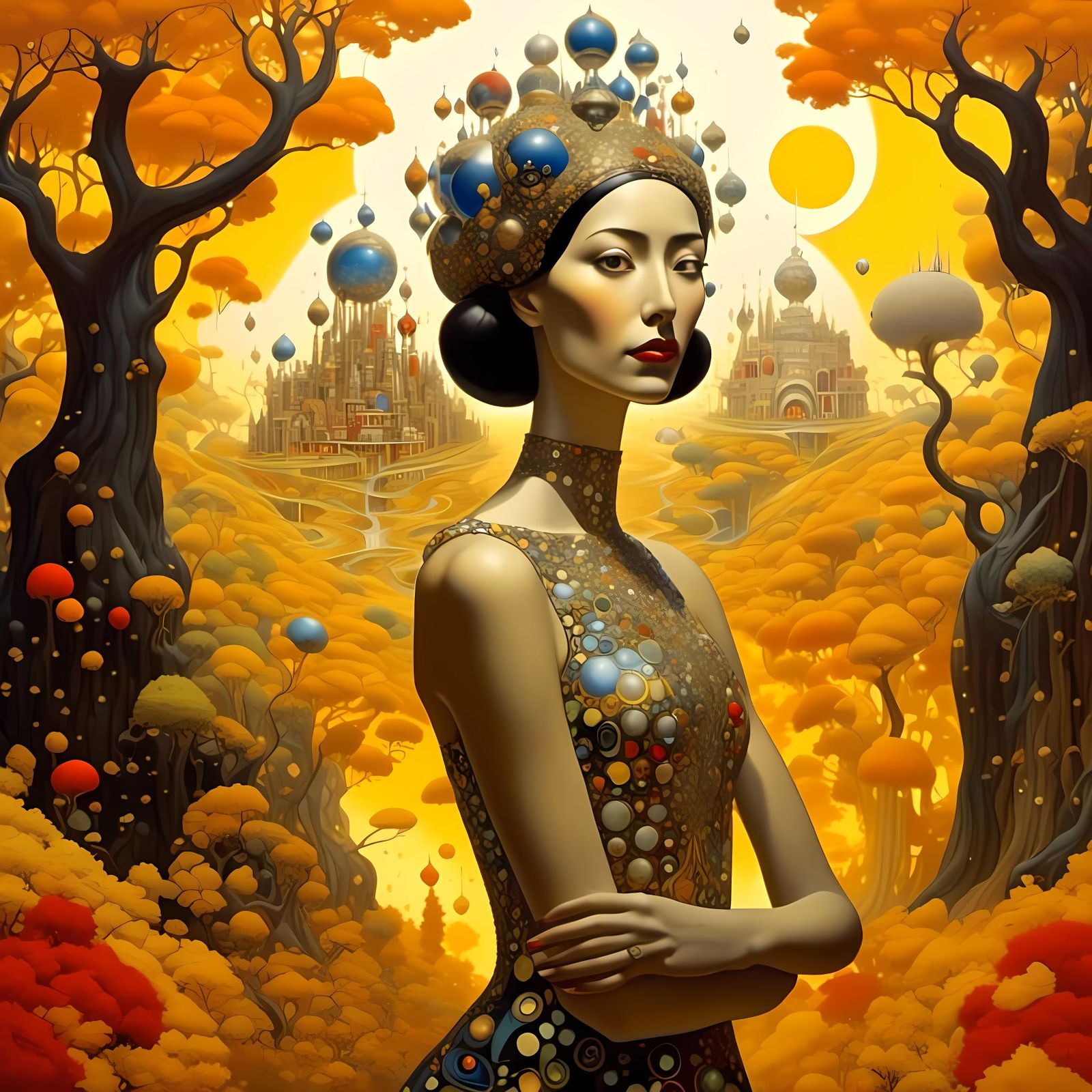 Surreal Autumn Woman in Fantasy Landscape