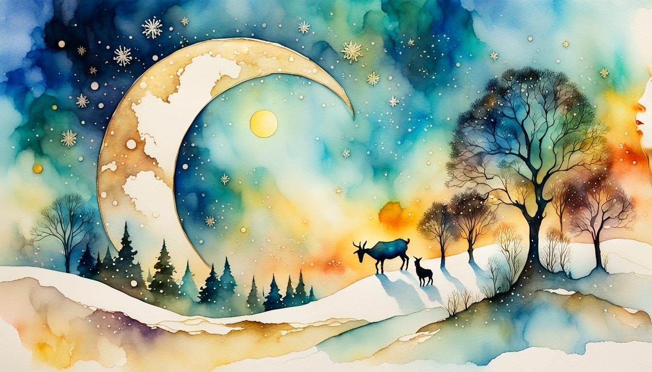 Dreamy Watercolor Scene of Man and Goats Under the New Moon